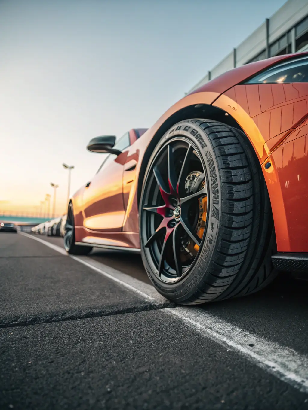 A high-performance tyre with an aggressive tread pattern, mounted on a sports car, showcasing its grip and handling capabilities, taken at K Drive Tyre & Battery.