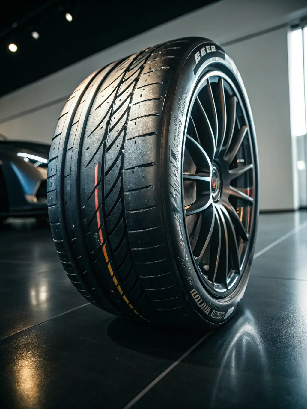 A close-up shot of a budget tyre with a simple tread pattern, suitable for everyday driving, displayed in the K Drive Tyre & Battery workshop.
