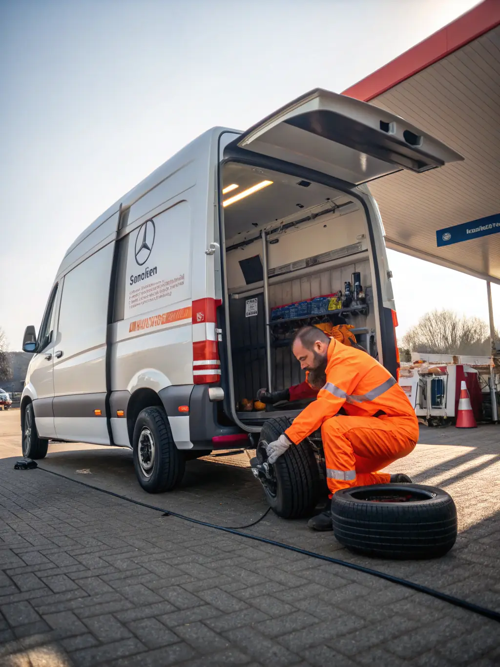 A set of commercial tyres with a reinforced sidewall, mounted on a van, highlighting their load-carrying capacity and durability, pictured at K Drive Tyre & Battery.